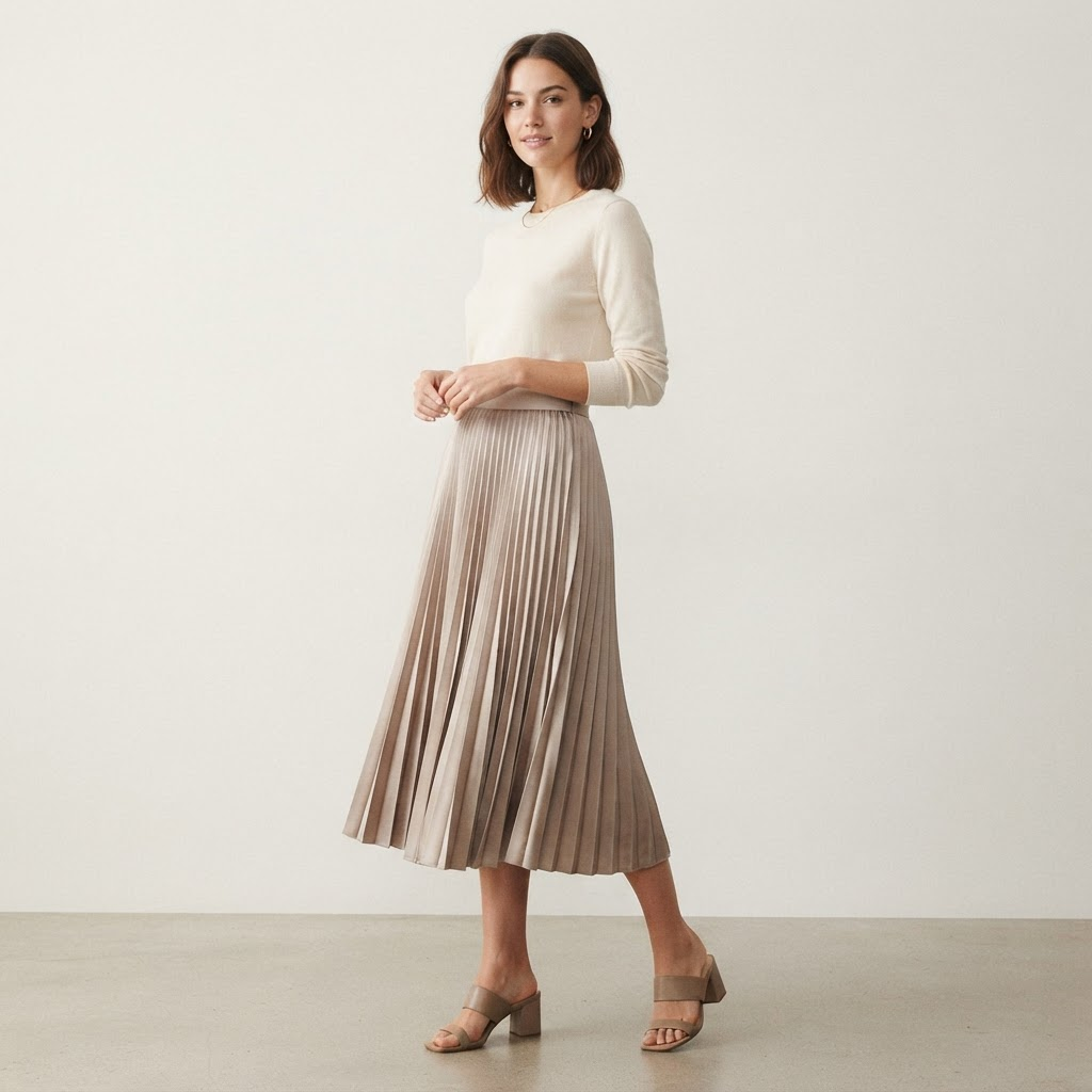 Pleated Satin Midi Skirt