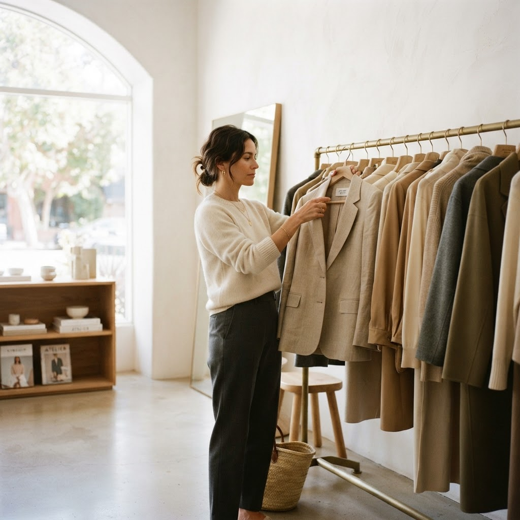 A woman browsing a curated rack of clothing